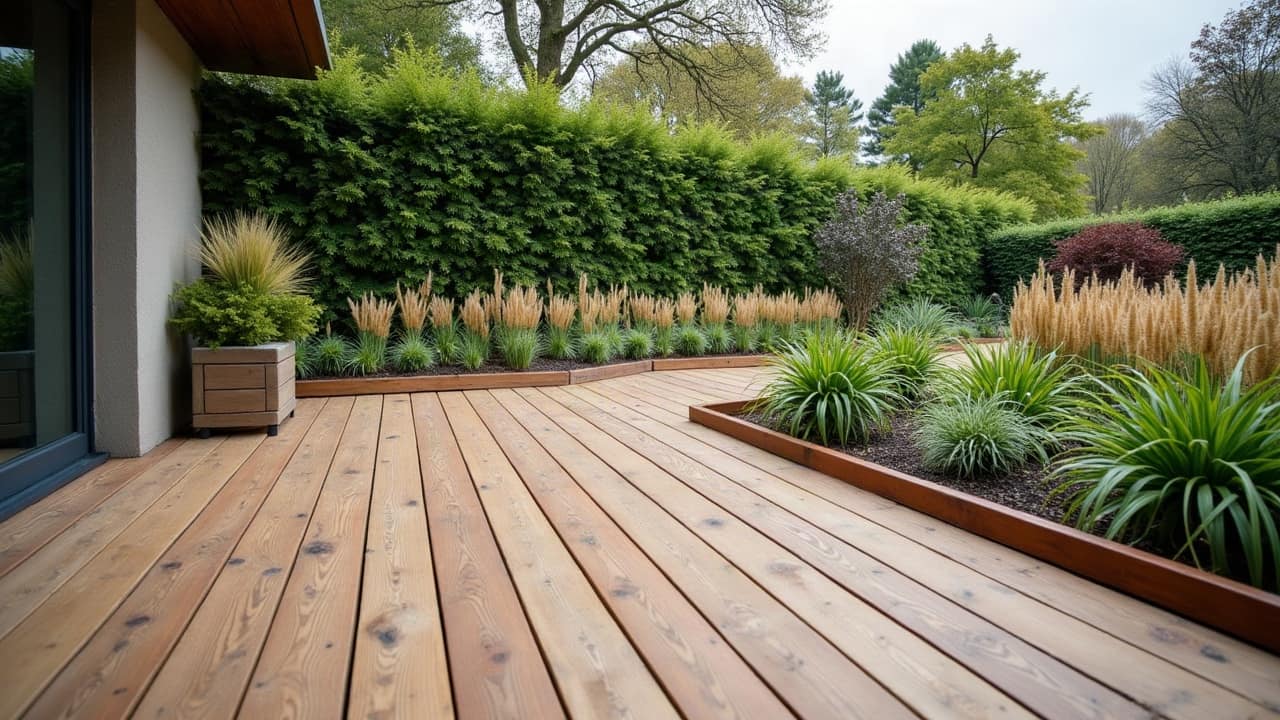 Une terrasse en bois dans un jardin pavillonnaire à Dainville