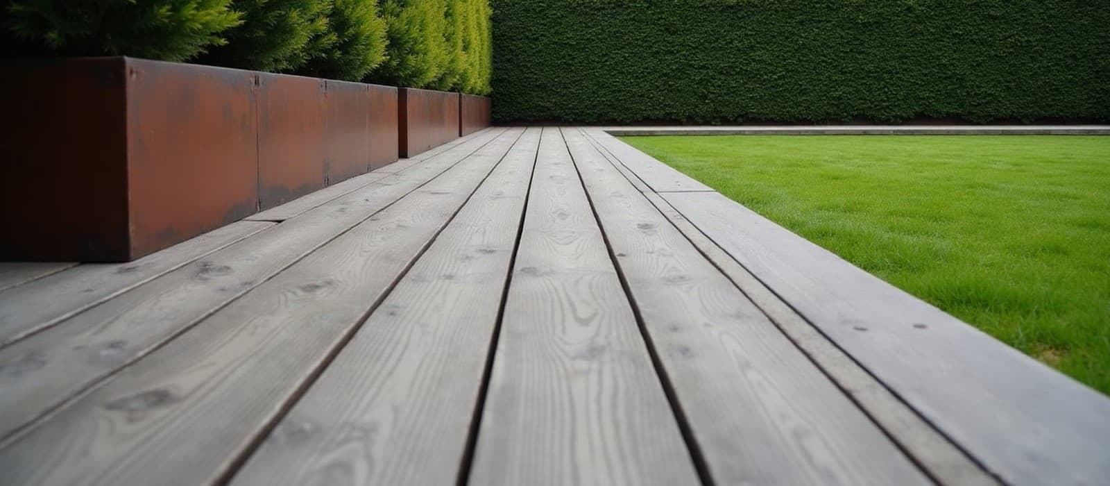 Lames de terrasse en bois gris posées à joints réguliers le long d'une jardinière en acier corten