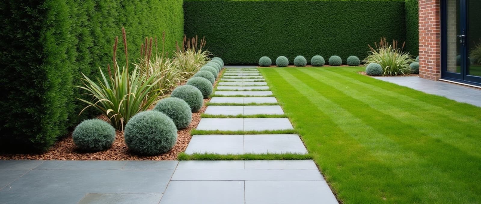 Jardin de particulier entièrement dessiné et réalisé, allée de pierre bleue, massifs structurés et haie taillée, travaux réalisés à Agny