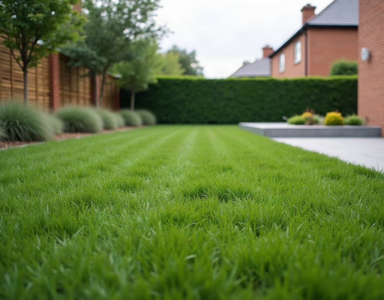 Pelouse dense et régulière fraîchement installée dans un jardin de particulier, travaux réalisés à Beaumetz-lès-Loges