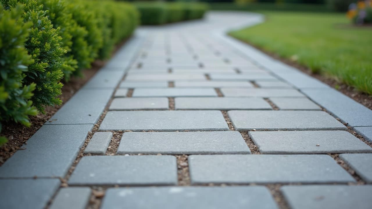 Détail rapproché de pavés de pierre bleue posés en éventail, joints de sable fins et réguliers, bordure droite en granit sur un côté