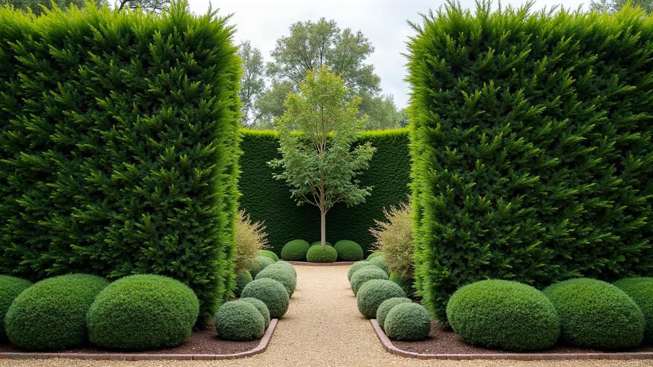 Jonction où deux essences de haie se rejoignent, if vert sombre d'un côté et hêtre cuivré marcescent de l'autre, taillés à la même hauteur sur une ligne verticale nette