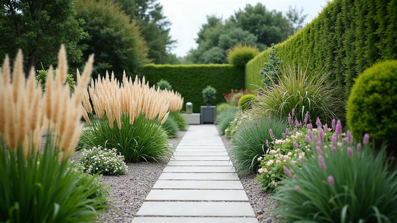 Lignes de plantation graphiques et cheminement net dans un jardin contemporain fini
