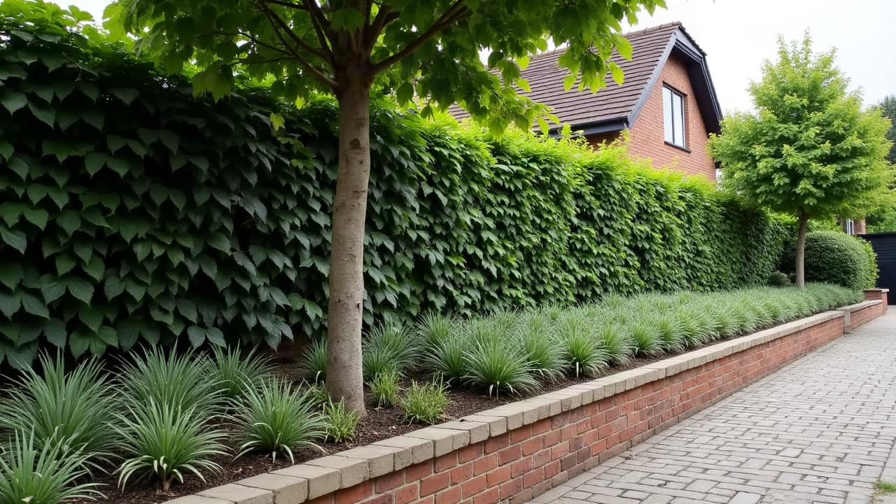 Tronc d'un arbre d'ornement planté en retrait d'un muret de brique de récupération, vue prise au ras du sol le long du mur