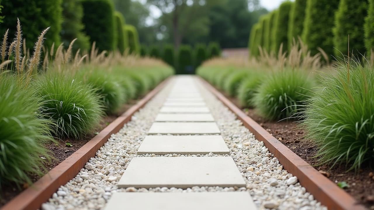 Carrés de potager bien alignés en bordure de jardin, sol travaillé, allée nette entre les rangs