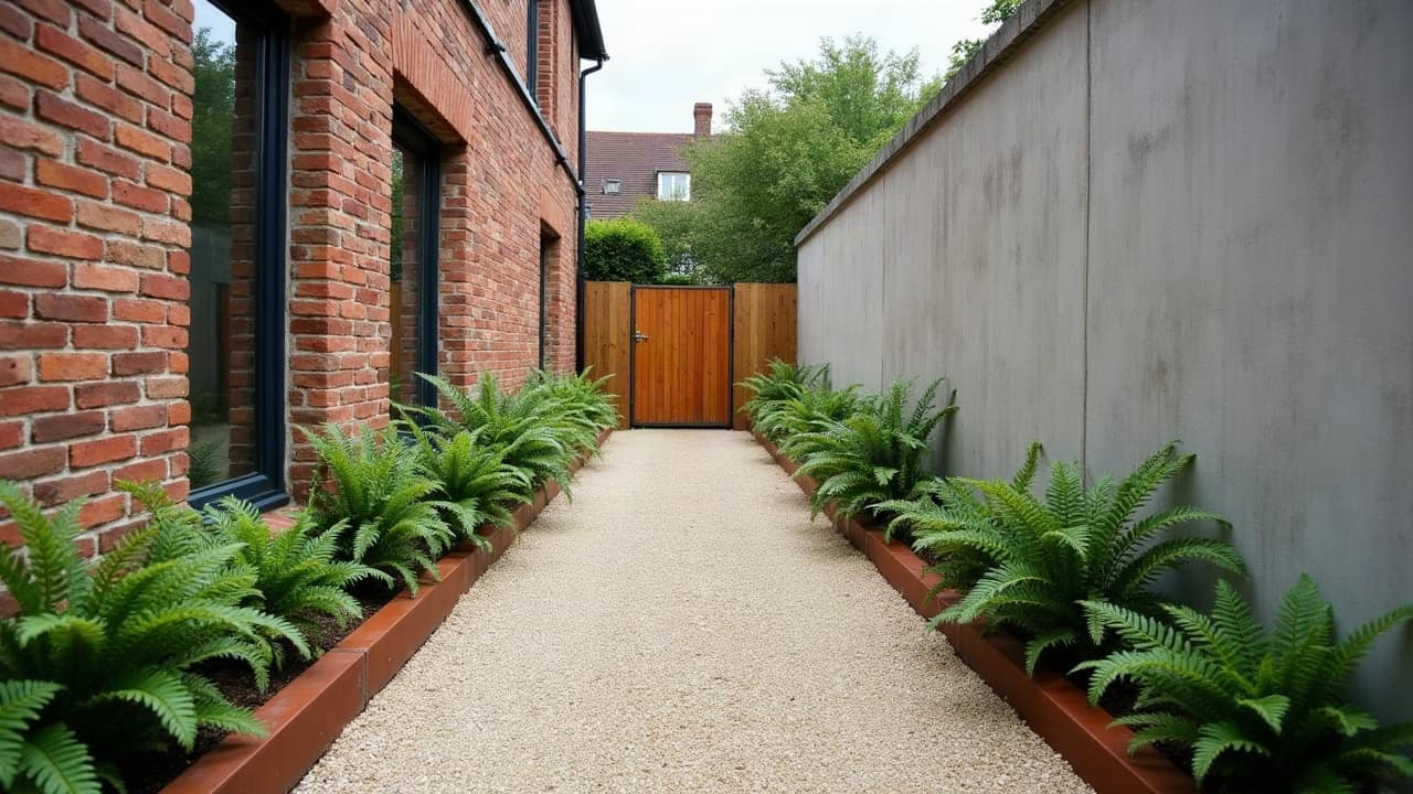 Passage étroit entre deux murs le long de la maison, bande de gravier calcaire tenue par une bordure d'acier corten, ligne continue de fougères contre le mur