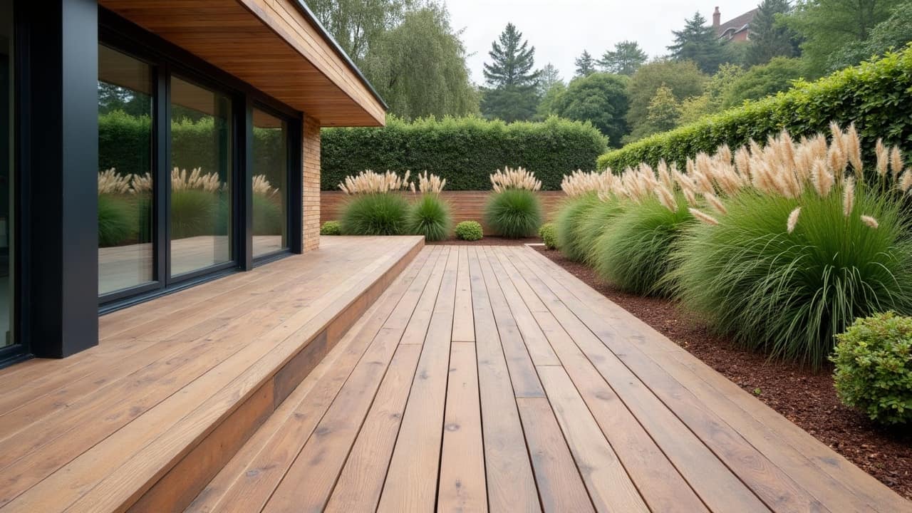 Détail d'assemblage de lames de terrasse bois clair, vis apparentes alignées, jardin moderne fini