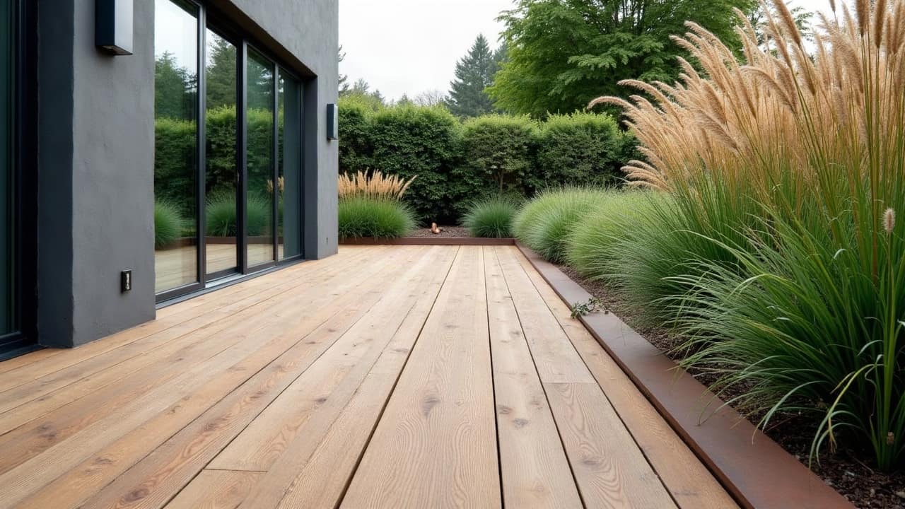 Terrasse étroite bien intégrée entre deux murs, revêtement propre, plantes en bordure